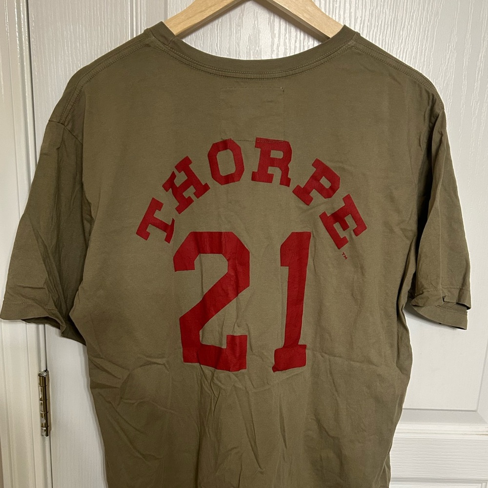 Roots of Fight Olive Green Jim Thorpe T-Shirt with Red Lettering, Size XL